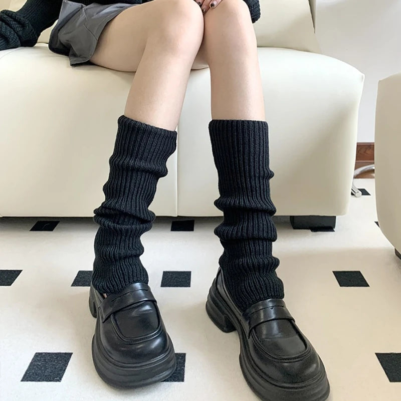Y2K fluffy knit leg warmers for women, black and white gothic lolita arm and boot covers, lengths 40-75 cm, FanzyMarket.