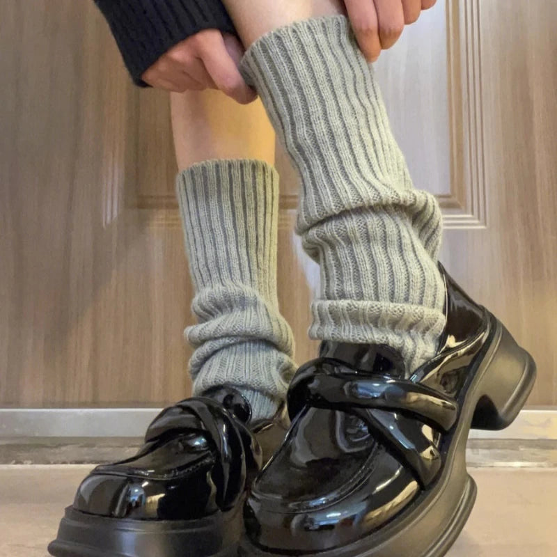 Black and white Y2K fluffy knit leg warmers for women, Gothic Lolita arm and boot covers, available in multiple lengths.