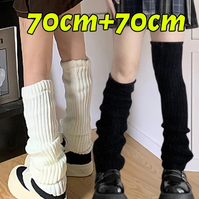 Black and white Y2K fluffy knit leg warmers for women, Gothic Lolita arm and boot covers, available in multiple lengths.