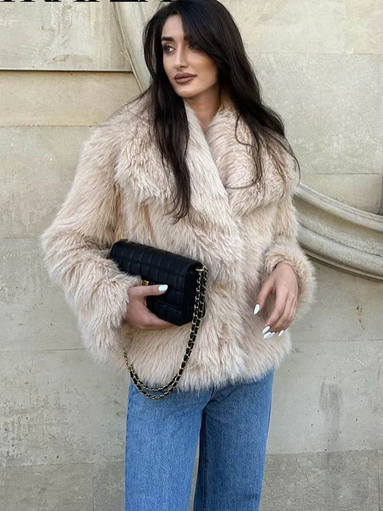 White cropped faux fur jacket for women with long sleeves, snap-button lapel collar, designed as a thick winter coat by FanzyMarket.