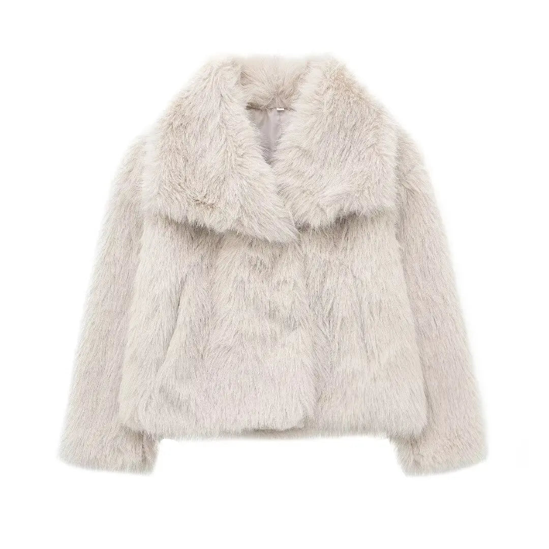 White FanzyMarket cropped faux fur jacket for women with long sleeves, snap-button lapel collar, perfect for winter warmth.