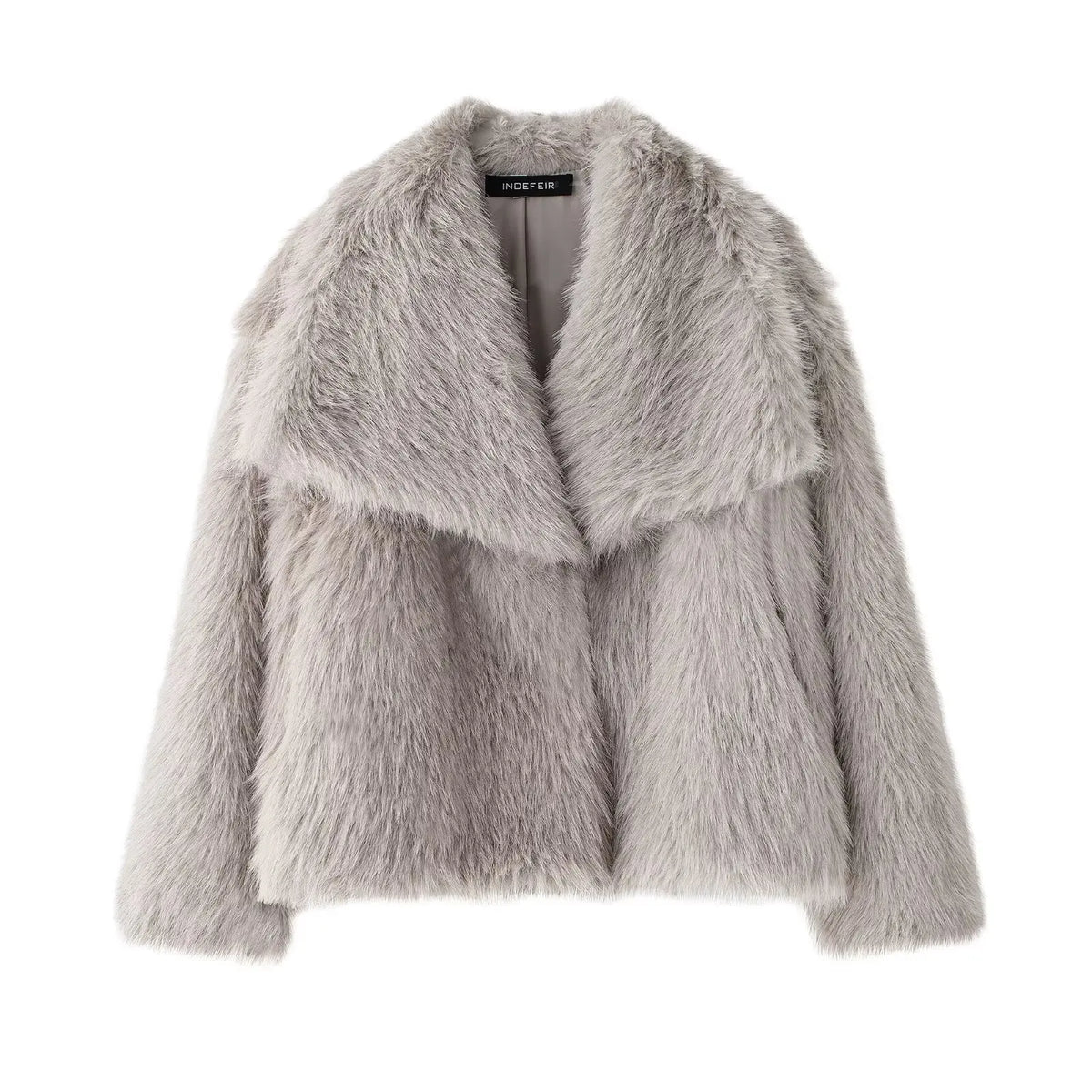 White cropped faux fur jacket for women with long sleeves, snap buttons, and a lapel collar, perfect for winter warmth.