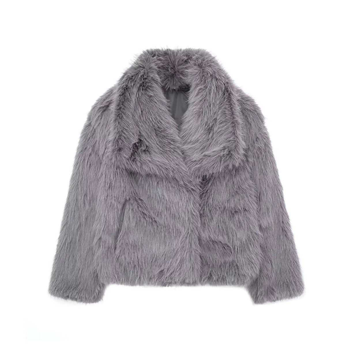 White cropped faux fur jacket for women with long sleeves, snap buttons, and lapel collar, perfect for thick winter warmth.