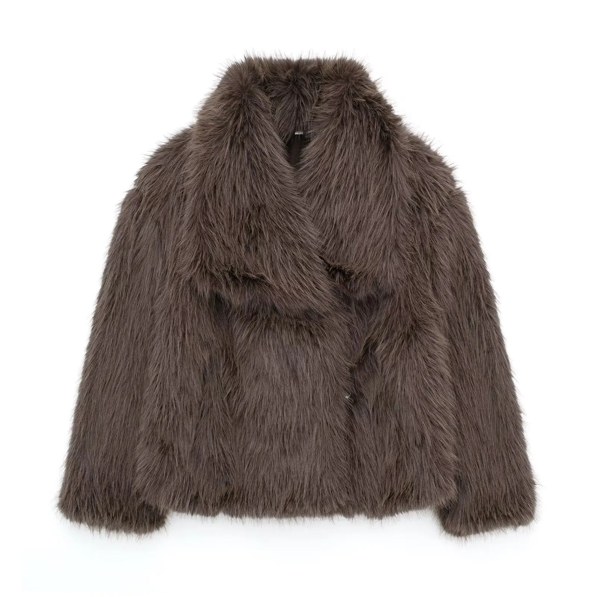 White cropped faux fur jacket for women with long sleeves, snap buttons, and lapel collar, ideal for winter warmth.