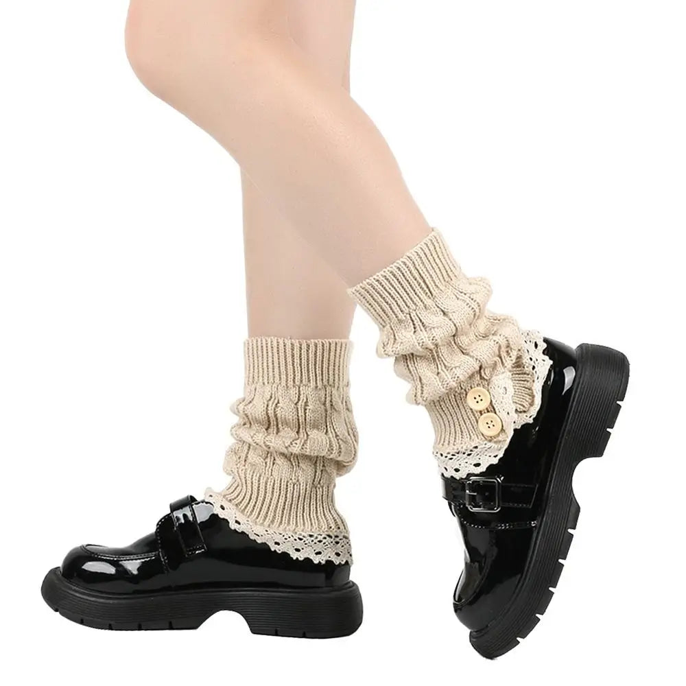FanzyMarket white Lolita Harajuku knit leg warmers, thick winter ankle boot socks for women and girls, 21 cm length.