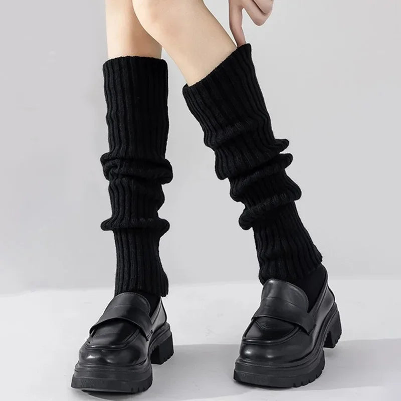 White women’s 40cm knit acrylic leg warmers with elastic, Japanese Lolita style long crochet sock cuffs, pair of boot cuffs.