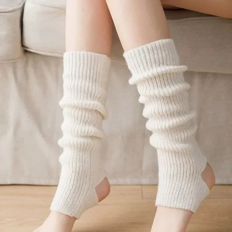 White over-the-calf knitted sock and leg warmer set with stirrup design, 41 cm long, for women and unisex, by FanzyMarket.