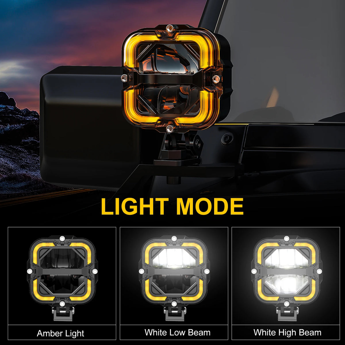 FanzyMarket 60W LED work light bar with white and amber DRL, off-road driving light for trucks, SUVs, ATVs, and motorcycles.