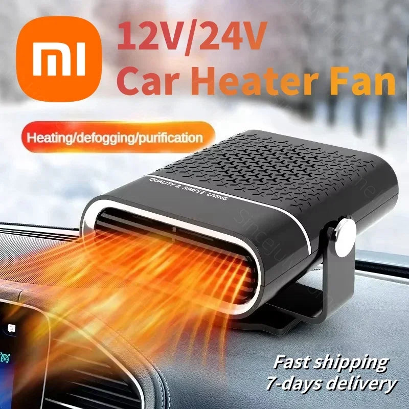 FanzyMarket portable 12V/24V car heater with black body, compact design, and vents for fast windshield defrosting and defogging.