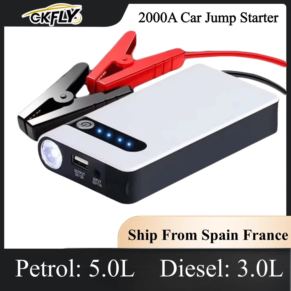 FanzyMarket 2000A portable 12V car jump starter with USB, LED flashlight, SOS, suitable for petrol engines up to 4.0L and diesel up to 3.0L
