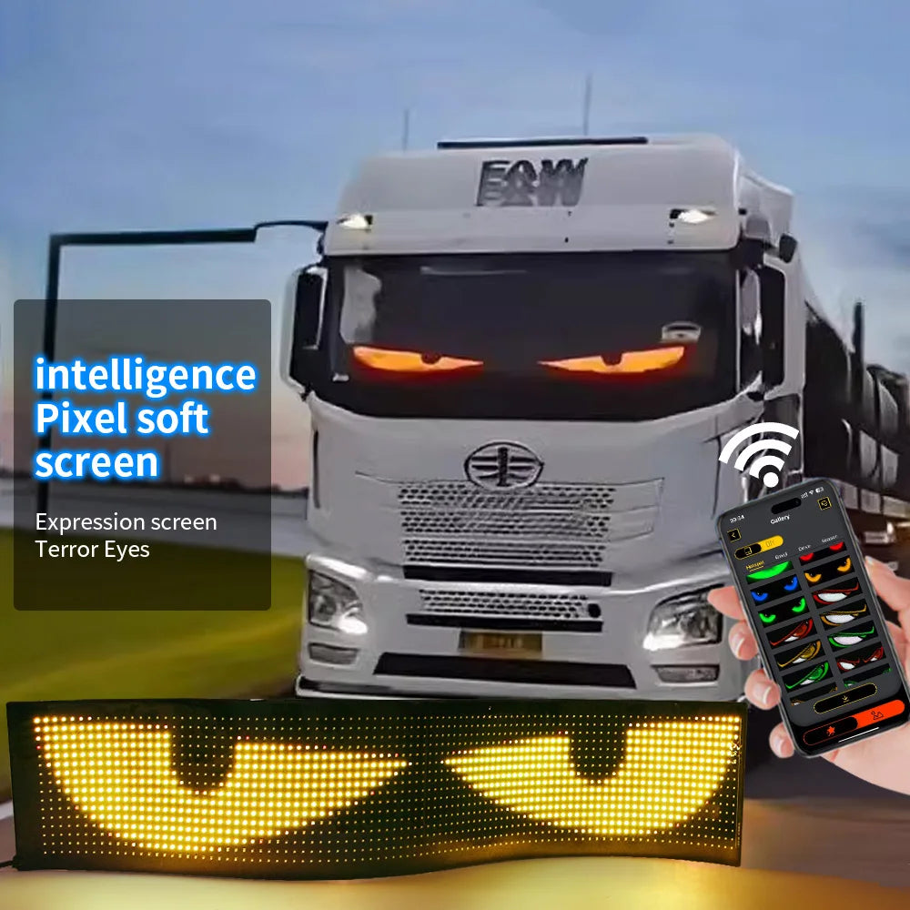 Flexible RGB LED scrolling sign for cars and trucks with Bluetooth control, featuring devil eyes display on windshield.