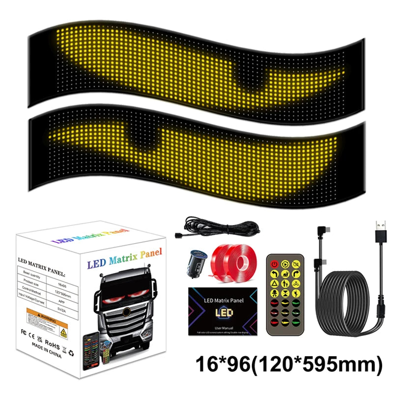 Flexible RGB LED scrolling sign for cars and trucks with Bluetooth app control, featuring devil eyes display on windshield.
