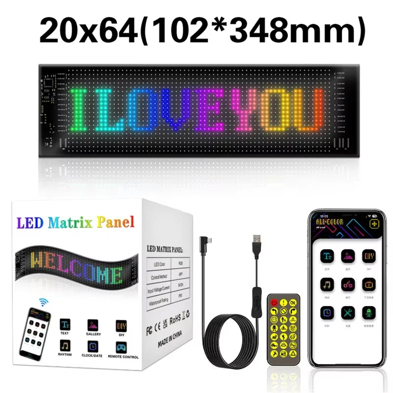 Flexible RGB LED scrolling sign for car and truck windshields, featuring devil eyes display and Bluetooth app control.