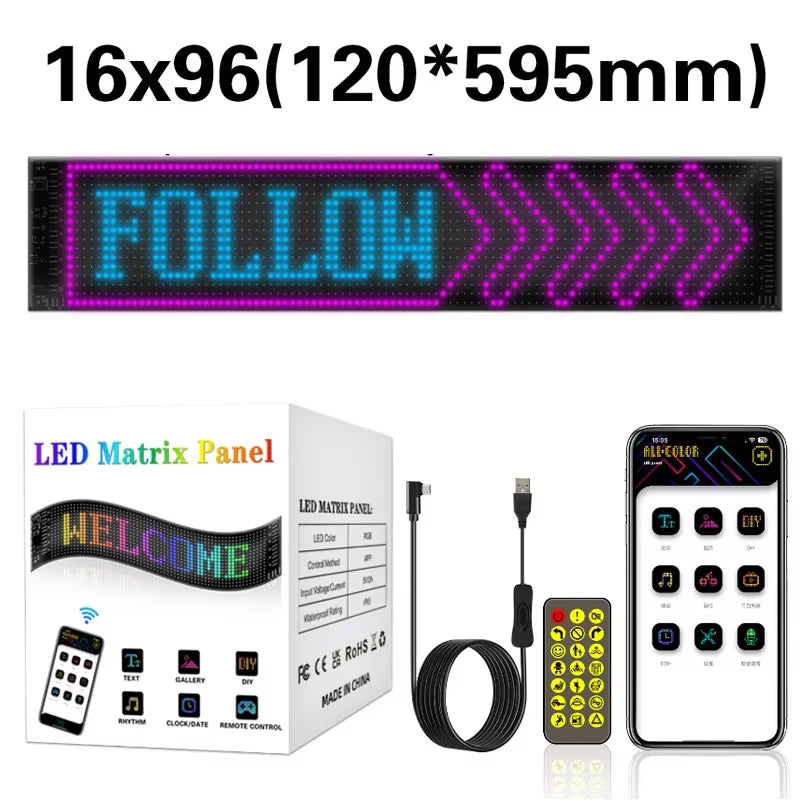 Flexible RGB LED scrolling sign for car and truck windshields, Bluetooth app-controlled devil eyes display by FanzyMarket.