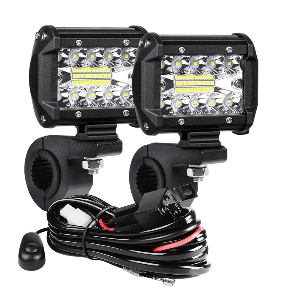 FanzyMarket 4in and 7in LED work light bars with spot, flood, and fog lamps for 4x4 trucks, ATVs, and UTVs, 12-24V.