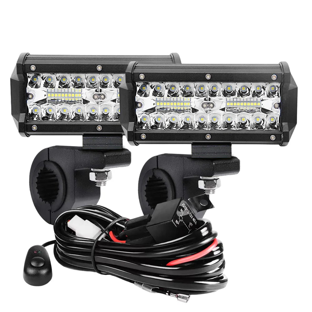 FanzyMarket LED work light bars, 4in and 7in combo spot, flood, fog lamps for off-road trucks, ATV, and UTV vehicles.