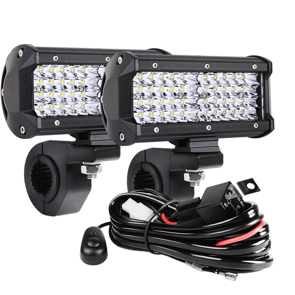 FanzyMarket 4in and 7in LED work light bars for 4x4 trucks, ATVs, and UTVs, featuring combo spot, flood, and fog lighting.