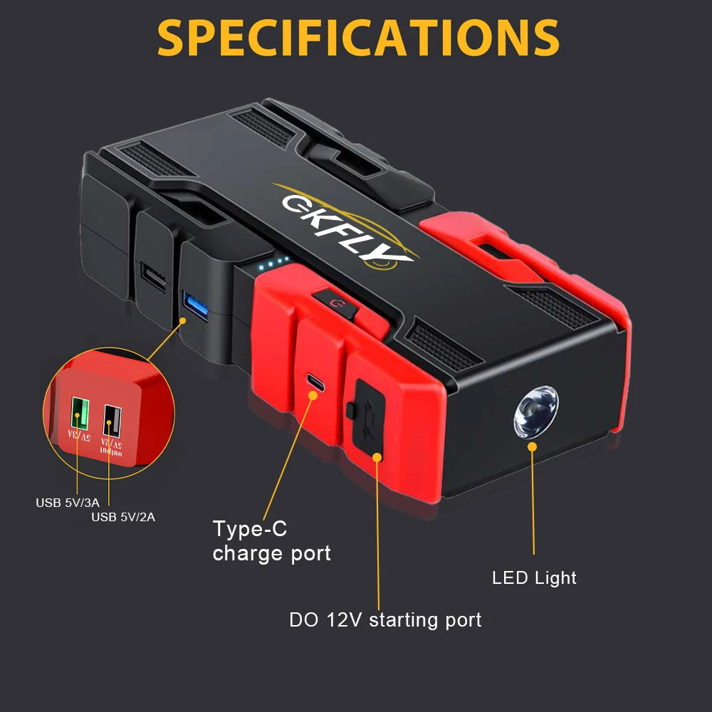 FanzyMarket 3000A car jump starter and 44.4Wh portable power bank with emergency 12V battery booster for petrol and diesel vehicles.