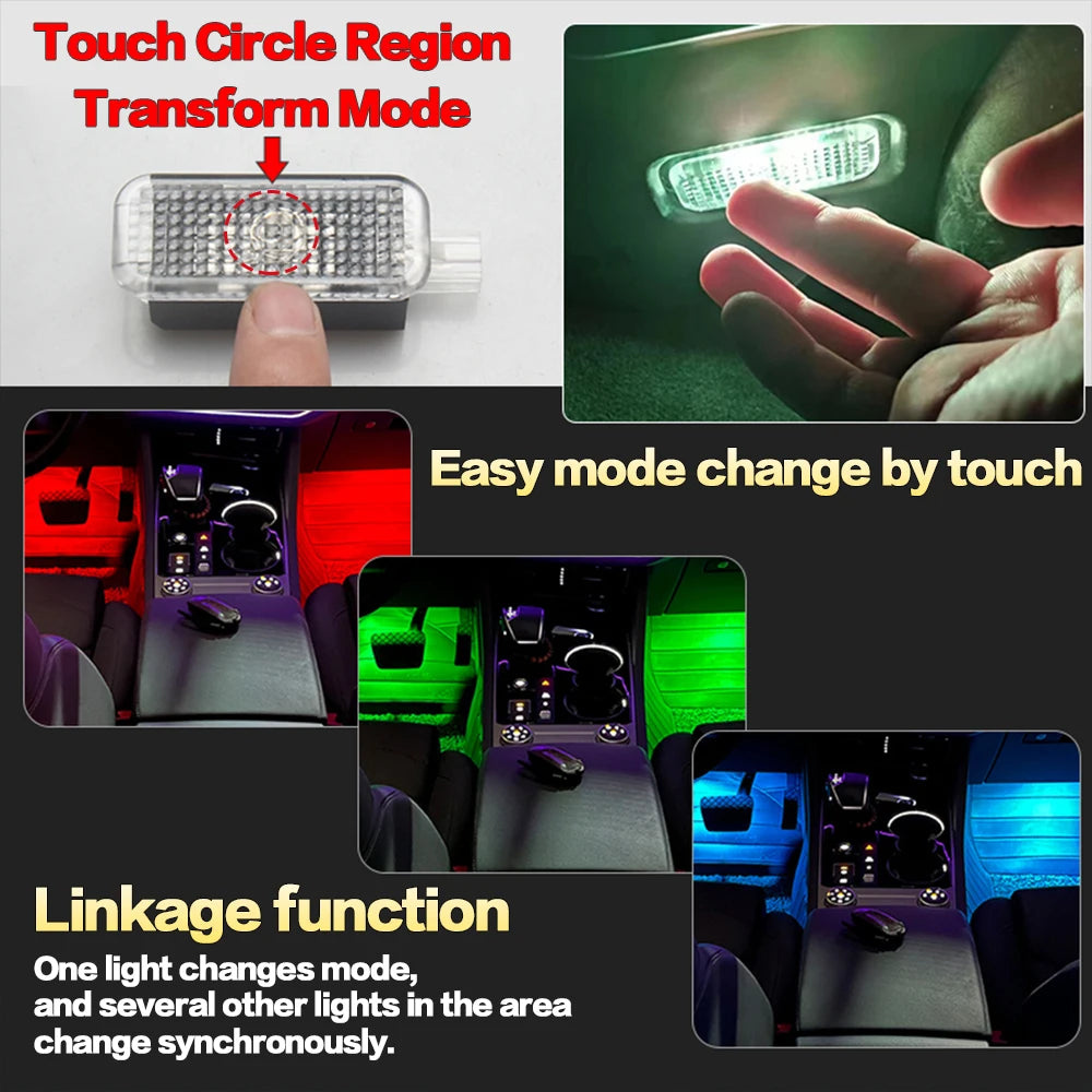 FanzyMarket LED RGB car footwell ambient light strip inside a vehicle, showcasing colorful interior decorative lighting for Golf, Passat, Jetta.