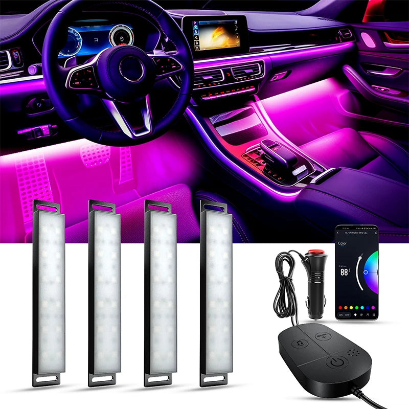 RGB car interior footwell LED light strip from FanzyMarket with Bluetooth app control and music sync, powered by 12V cigarette lighter