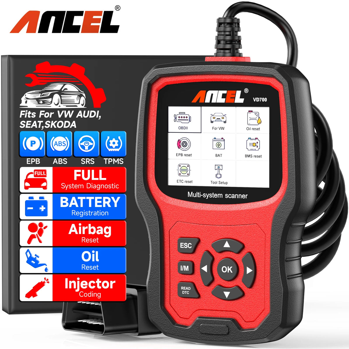 FanzyMarket professional OBD2 scanner for VW, Audi, Seat, Skoda; full-system code reader with reset for oil, EPB, SAS, and TPMS.