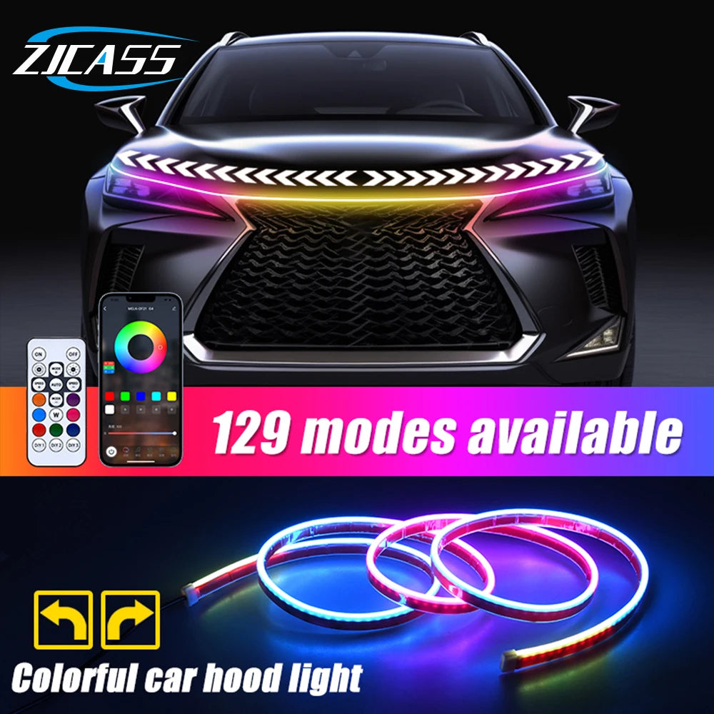 FanzyMarket 12V RGB LED hood strip with app-controlled neon running lights and streaming turn signals for cars and motorcycles.