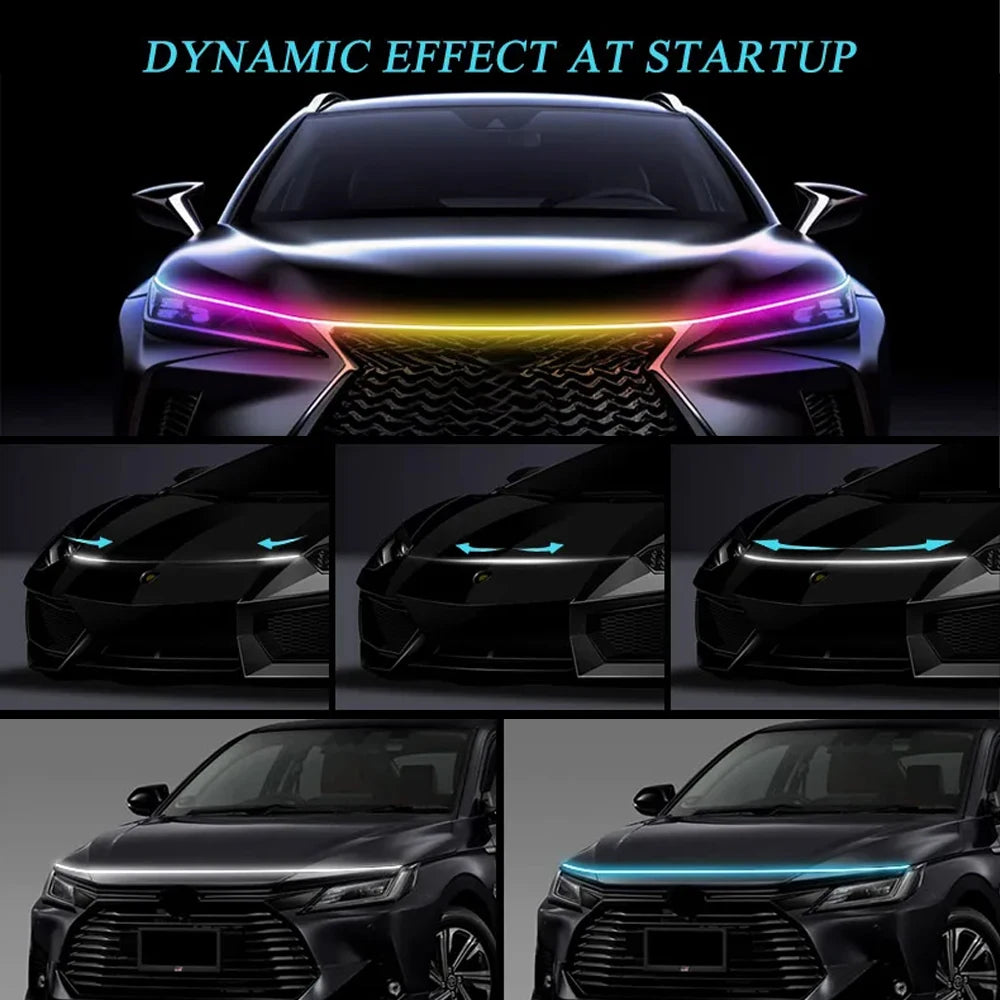 FanzyMarket 12V RGB LED hood strip with app-controlled neon running lights and streaming turn signals for cars.