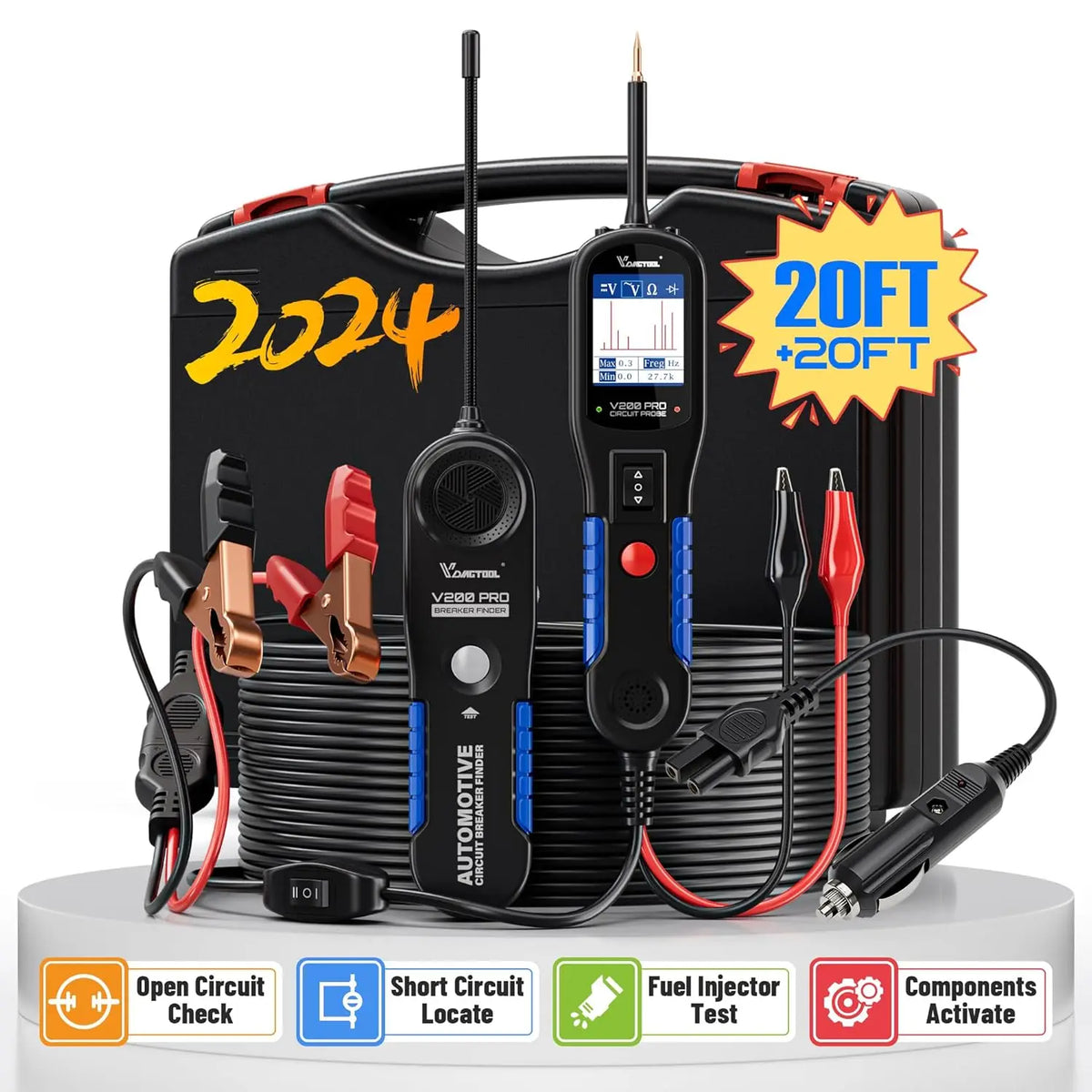 FanzyMarket 12/24V car circuit tester with 40ft cable, relay, fuse, and breaker finder for auto lighting and electronics diagnostics.