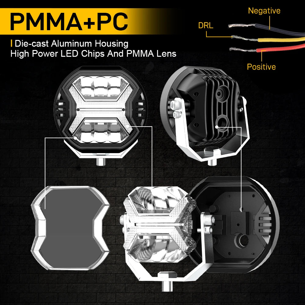 FanzyMarket 4-inch LED work light with amber DRL, spot beam, suitable for Jeep, truck, SUV, ATV, boat, and tractor off-road use.
