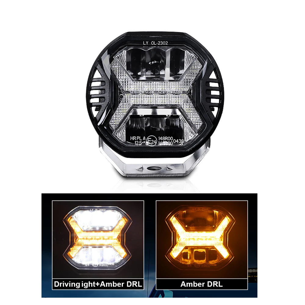 FanzyMarket 4-inch LED work light with amber DRL and spot beam, ideal for off-road Jeep, truck, SUV, ATV, boat, and tractor use.