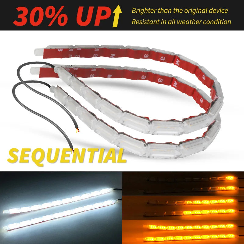 Pair of FanzyMarket flowing sequential flexible LED DRL strip lights for cars, waterproof daytime running and turn signal lights.