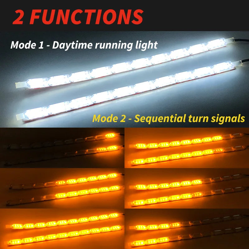 Pair of FanzyMarket flexible LED DRL strip lights for cars, waterproof daytime running lights and turn signals in white to amber.