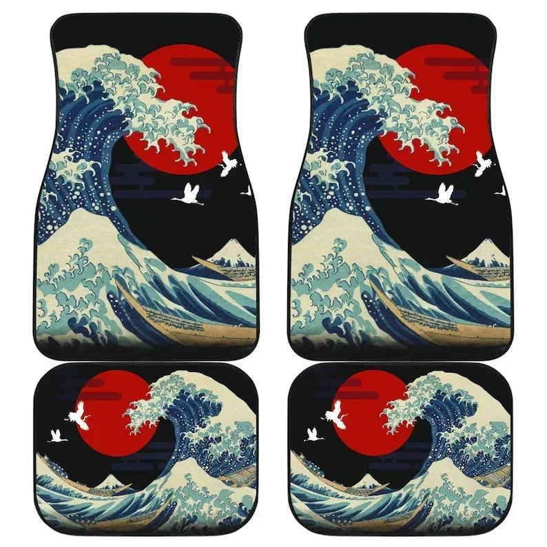 FanzyMarket Great Wave Off Kanagawa 4-piece all-weather car floor mats for SUVs, sedans, and trucks, featuring a vibrant wave design.