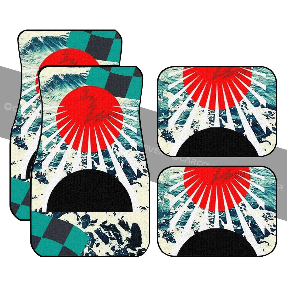 FanzyMarket all-weather car floor mats featuring the Great Wave Off Kanagawa design, universal fit for SUVs, sedans, and trucks.