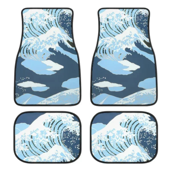Four all-weather car floor mats featuring the Great Wave Off Kanagawa design, universal fit for SUVs, sedans, and trucks.