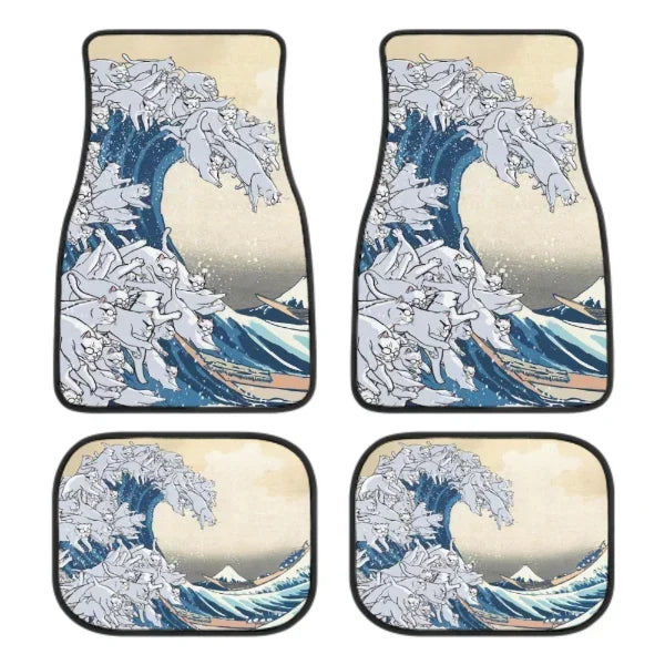 FanzyMarket Great Wave Off Kanagawa 4-piece all-weather car floor mats for SUVs, sedans, and trucks with universal fit and vibrant design.