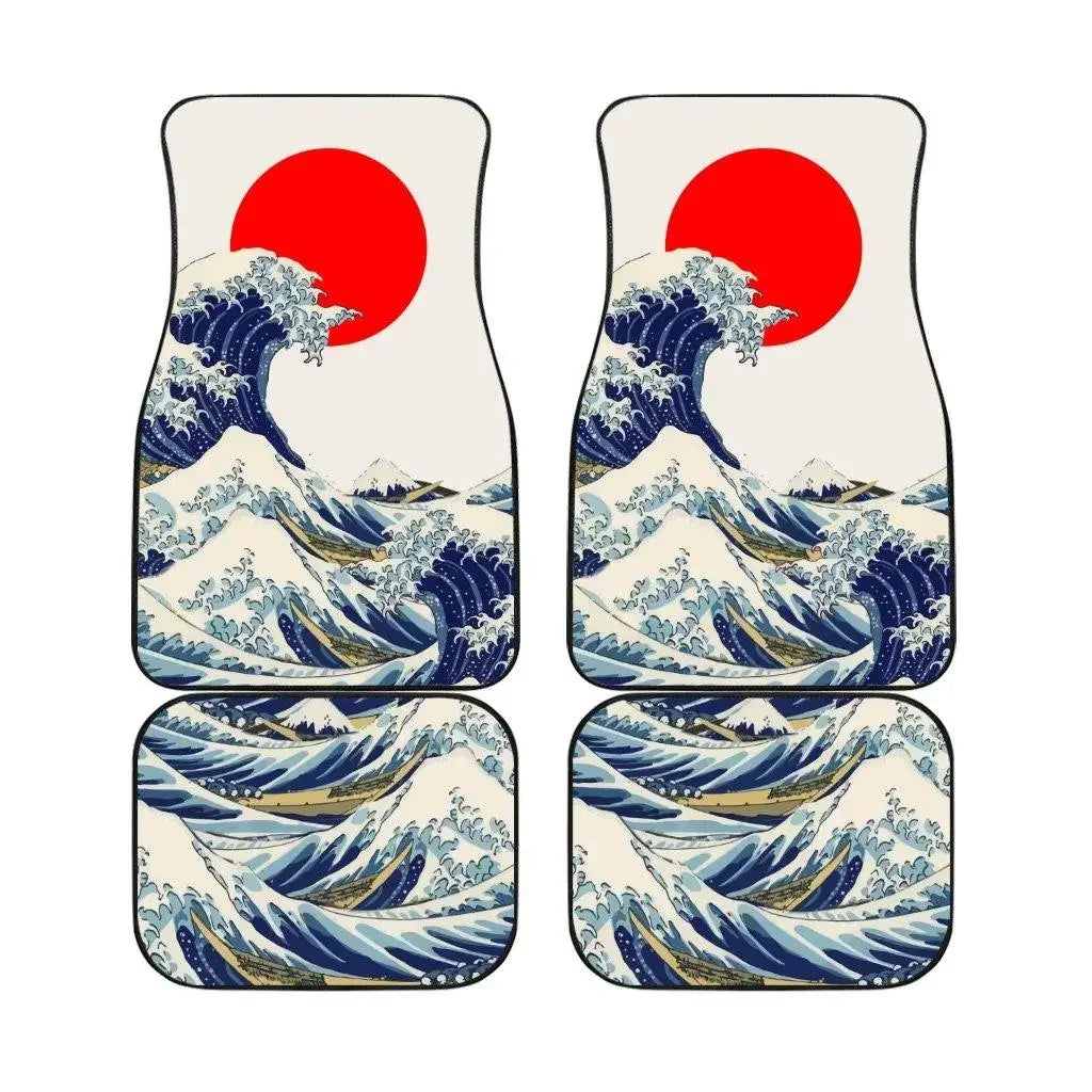 FanzyMarket Great Wave Off Kanagawa 4-piece all-weather car floor mats for SUVs, sedans, and trucks, featuring a vibrant wave design.