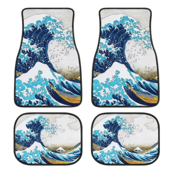 FanzyMarket Great Wave Off Kanagawa 4-piece all-weather car floor mats, universal fit for SUVs, sedans, and trucks, with ocean wave design.