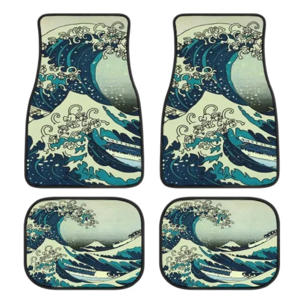 FanzyMarket Great Wave Off Kanagawa 4-piece all-weather car floor mats with universal fit for SUVs, sedans, and trucks.