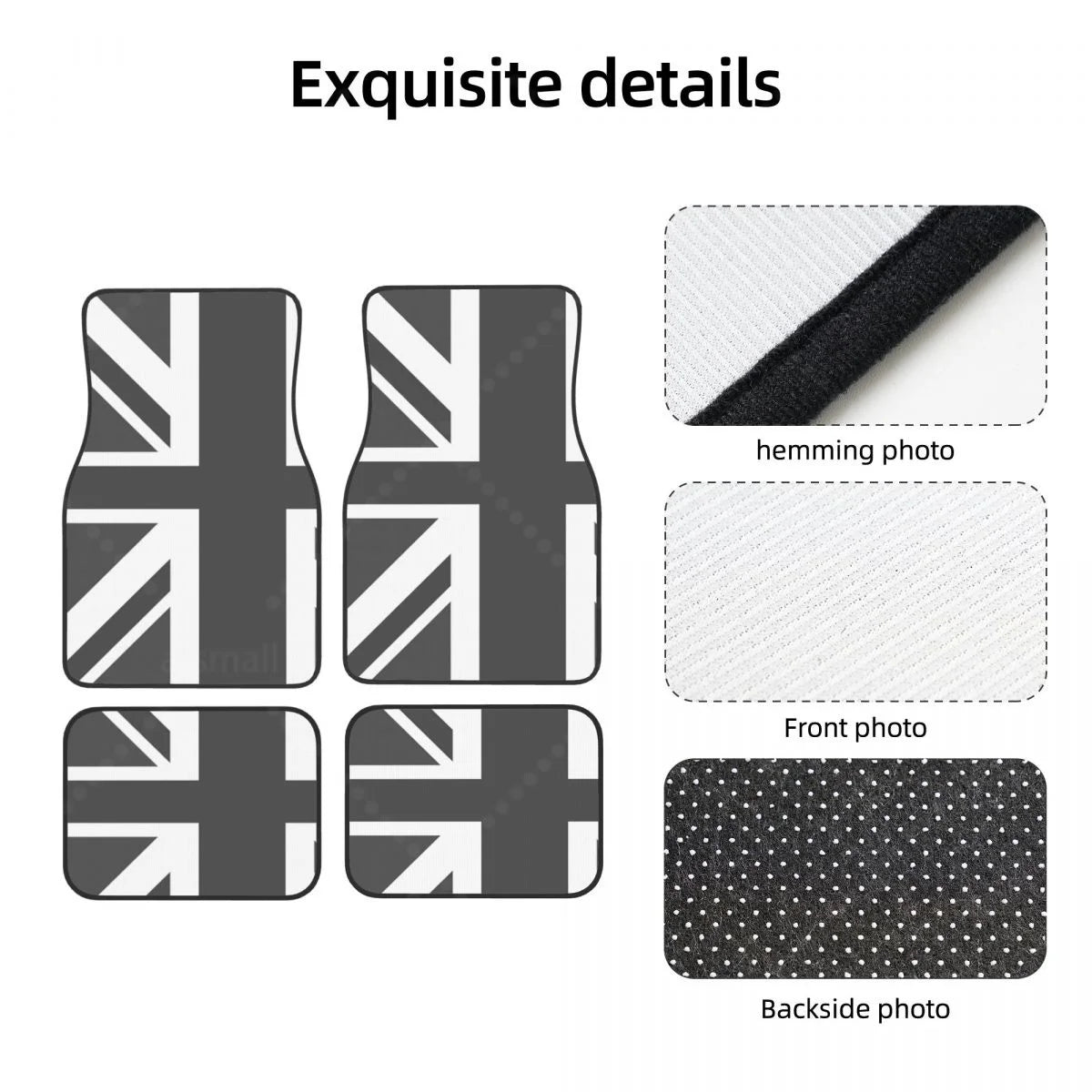 Custom fit FanzyMarket Union Jack car floor mats set for front and rear, non-slip, easy clean, featuring a vibrant Union Jack flag design.