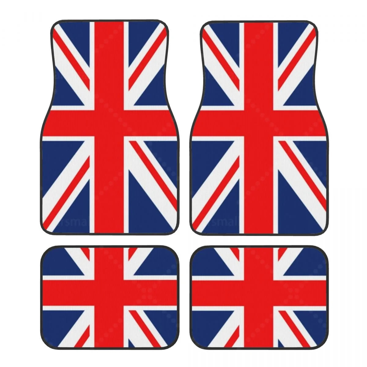 FanzyMarket custom fit car floor mats featuring a Union Jack flag design, non-slip surface, and easy-to-clean material for front and rear.