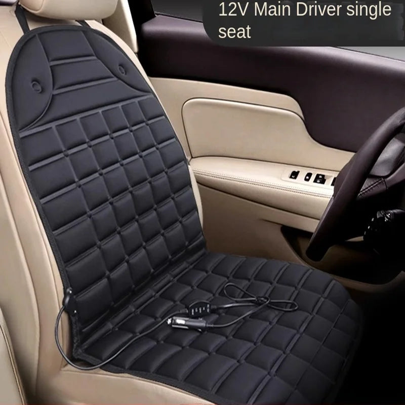 Gray 12V heated car seat cushion by FanzyMarket, quick-heating, universal fit, measuring 94x46.5 cm, designed for auto interior comfort.