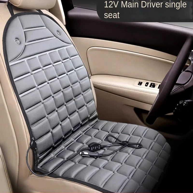 FanzyMarket 12V heated car seat cushion in grey, quick-heating, universal fit, measures 94x46.5 cm, designed for auto interior comfort.