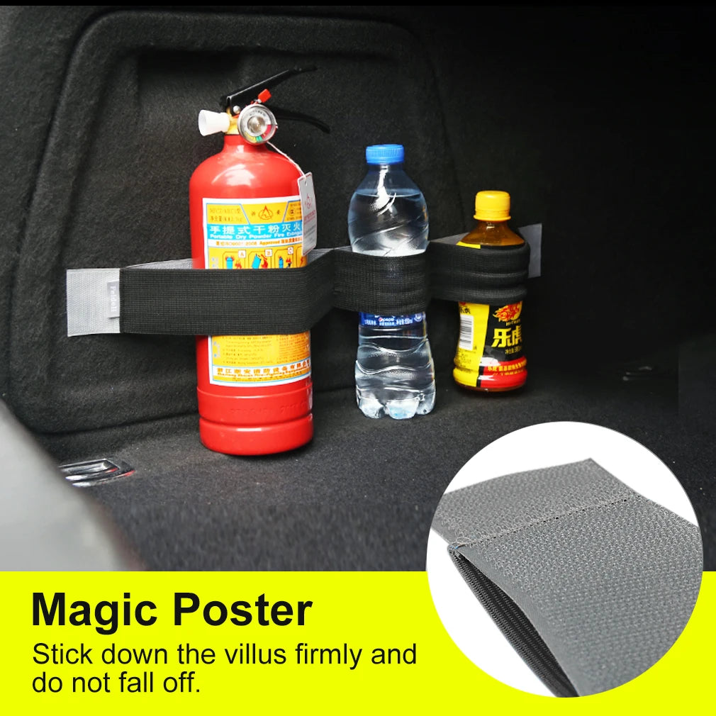 FanzyMarket car trunk organizer elastic fixing strap in black, universal suede storage belt with hook-and-loop, various lengths.