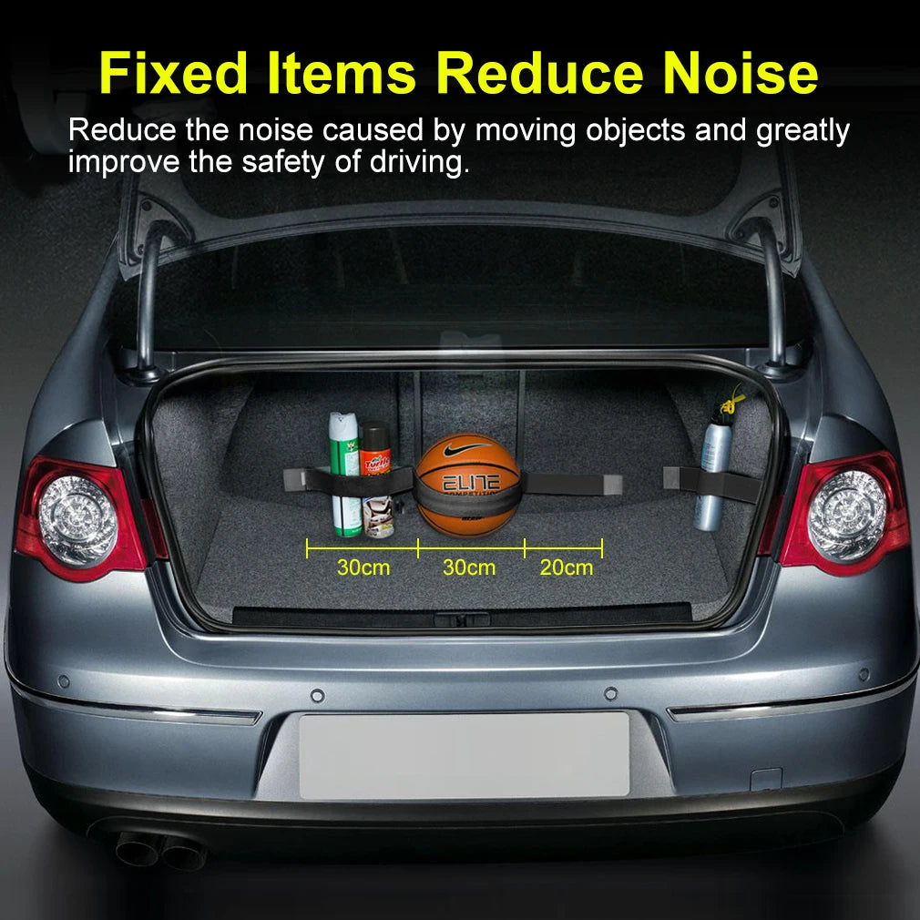 FanzyMarket black car trunk organizer elastic fixing strap with hook-and-loop, adjustable 20-80cm, suede storage belt for vehicle interior.