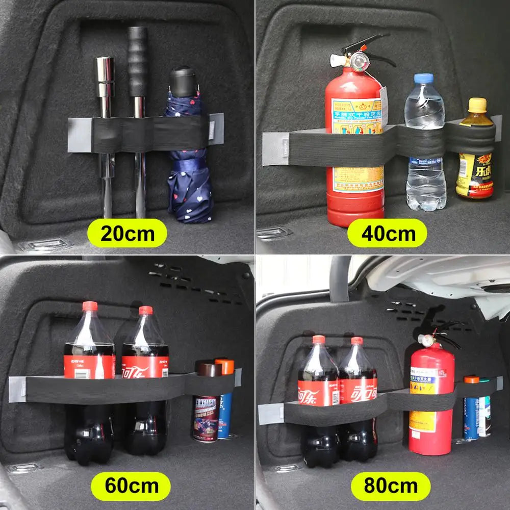 FanzyMarket black car trunk organizer elastic fixing strap with hook-and-loop, adjustable in 20 to 80 cm length for secure storage.