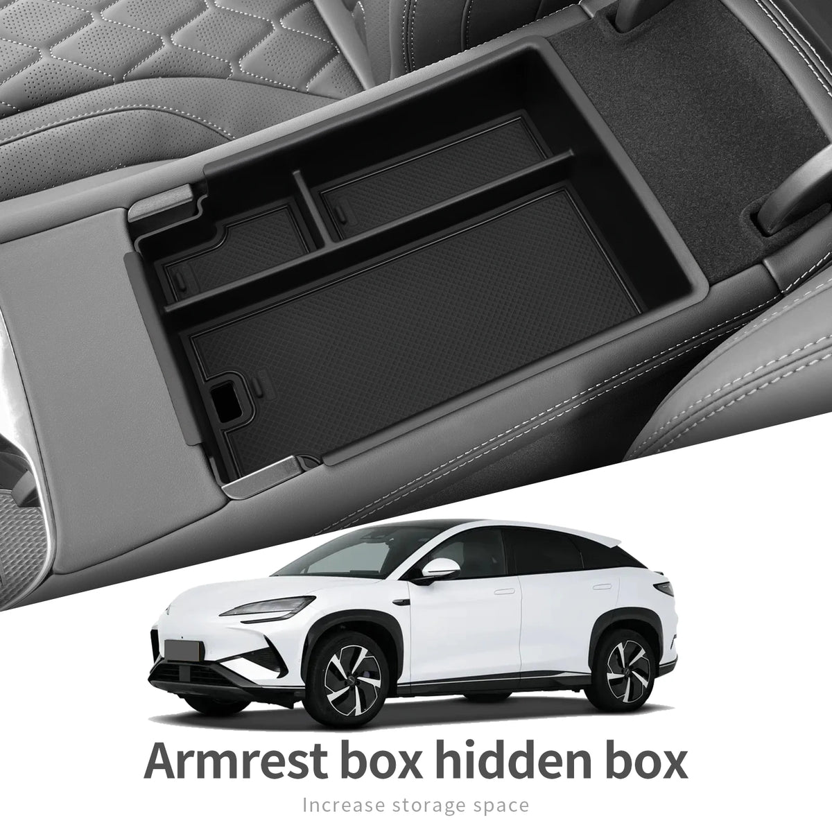 Black FanzyMarket center console storage tray with silicone anti-slip pad, armrest cup organizer, designed for auto interior use.