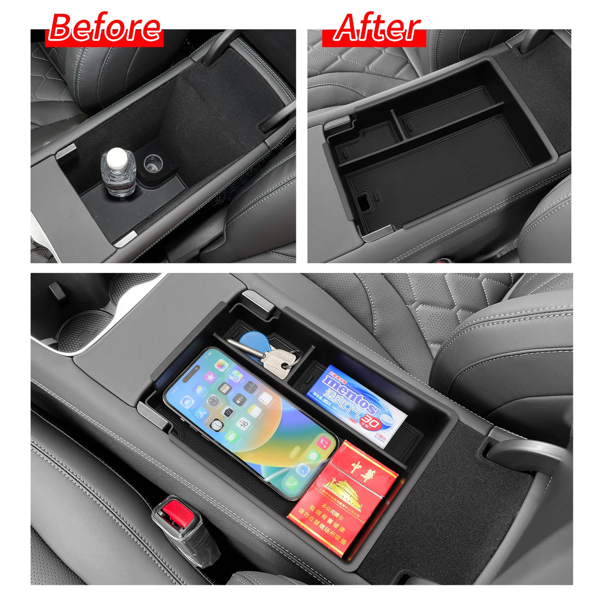 Black FanzyMarket center console storage tray with silicone anti-slip pad, armrest cup organizer for auto interior and phone mounts.