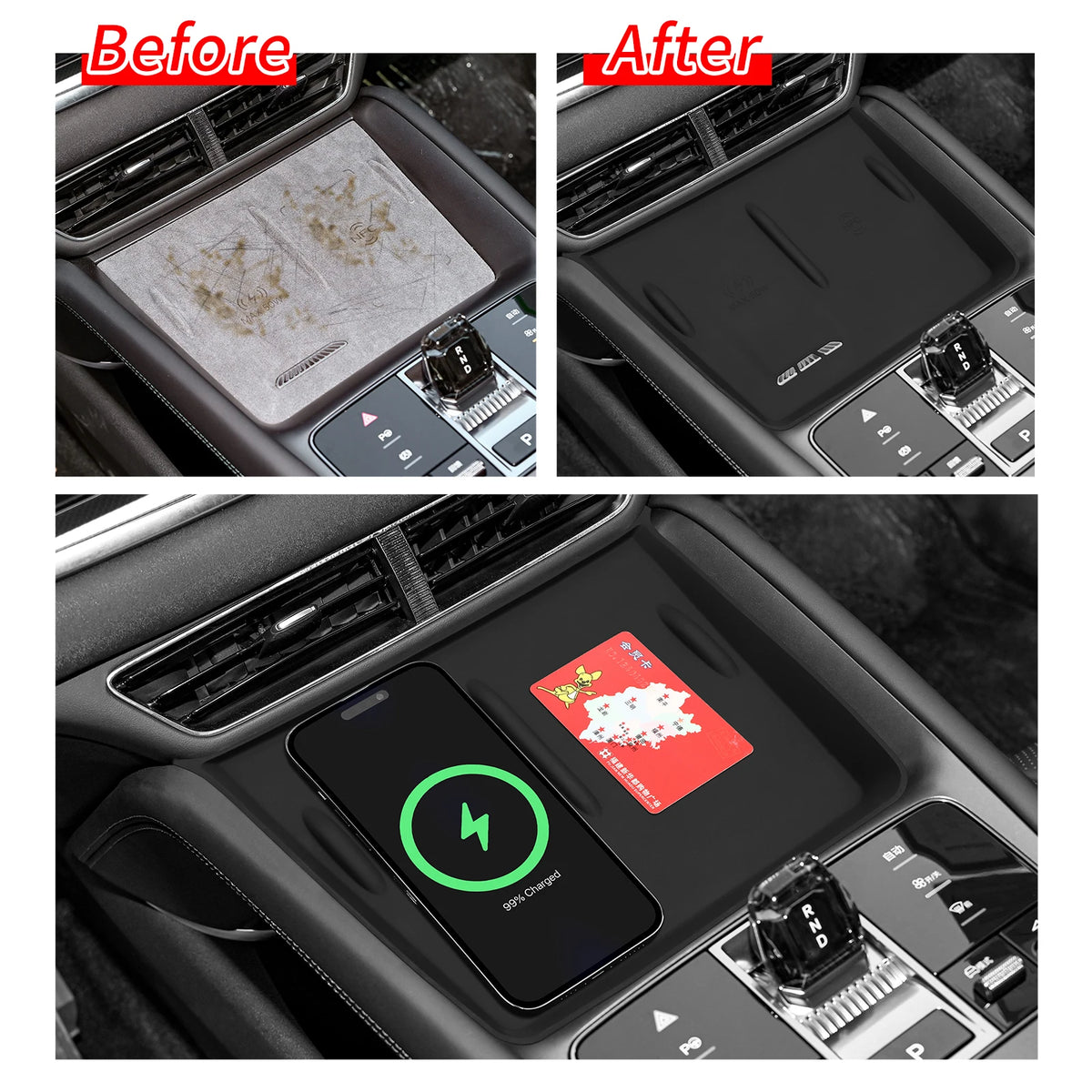 Black FanzyMarket center console storage tray with silicone anti-slip pad, armrest cup organizer for auto interior and phone mounts.
