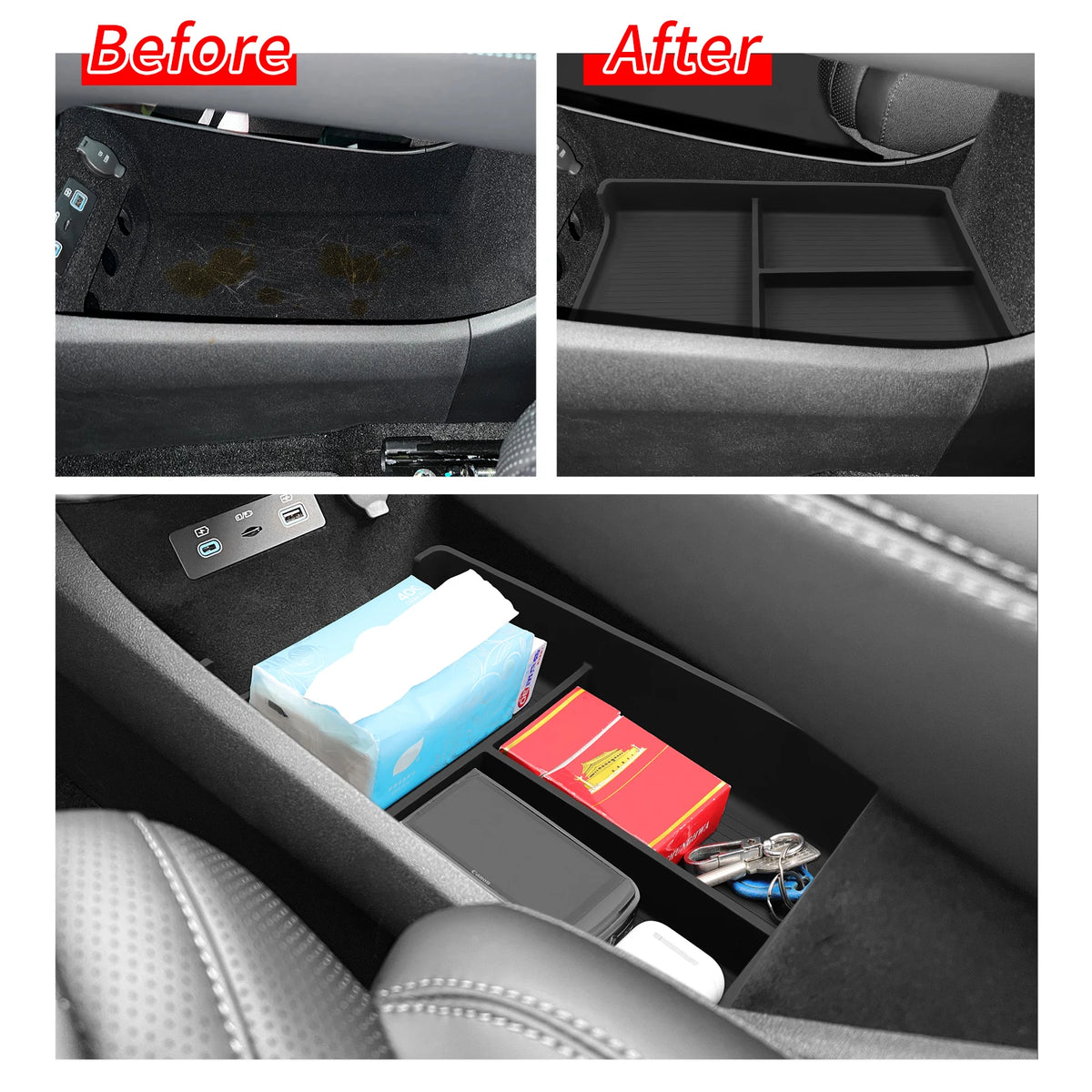 FanzyMarket black center console storage tray with silicone anti-slip pad, armrest cup organizer for car interior.